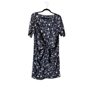 DKNY Donna Karan NY Blue Gray & Cream Silk Tie Waist Short Sleeve‎ Dress, P